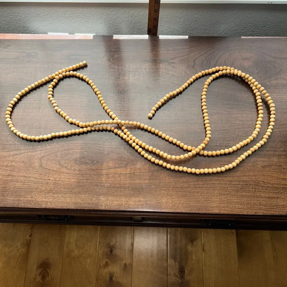 3 Vintage beaded wood garland natural color Christmas holiday decor 110”